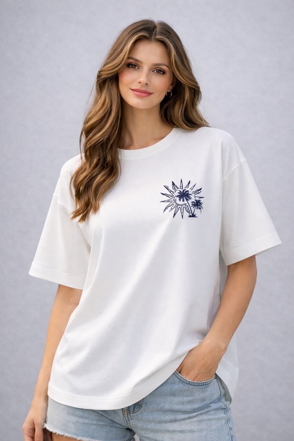 BLUSA MANGA CORTA ALGODÓN ESTAMPADO AZUL