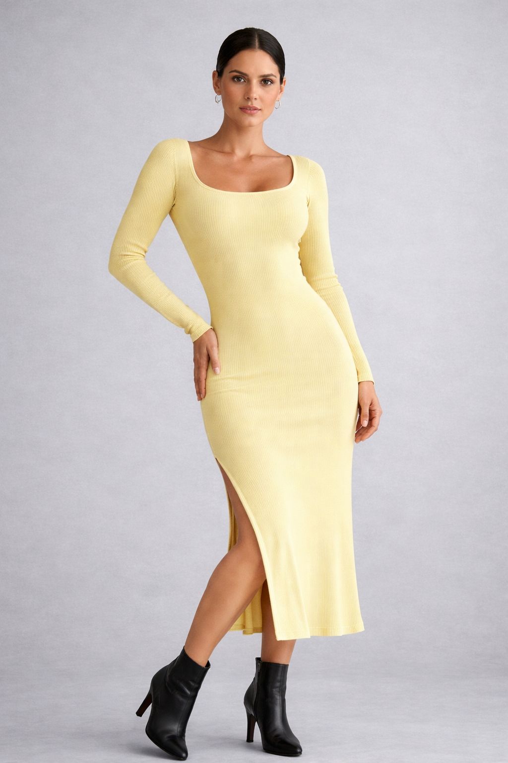 VESTIDO MANGA LARGA CUELLO CUADRADO TELA HILO